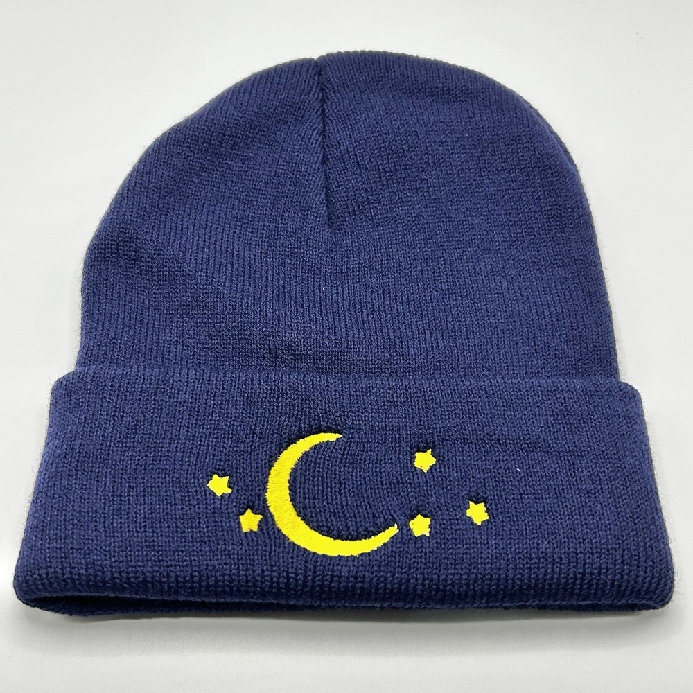 Crescent Moon Stars Nighttime Sky Beanie Hat Cap Knit Cuff Blue Outdoors